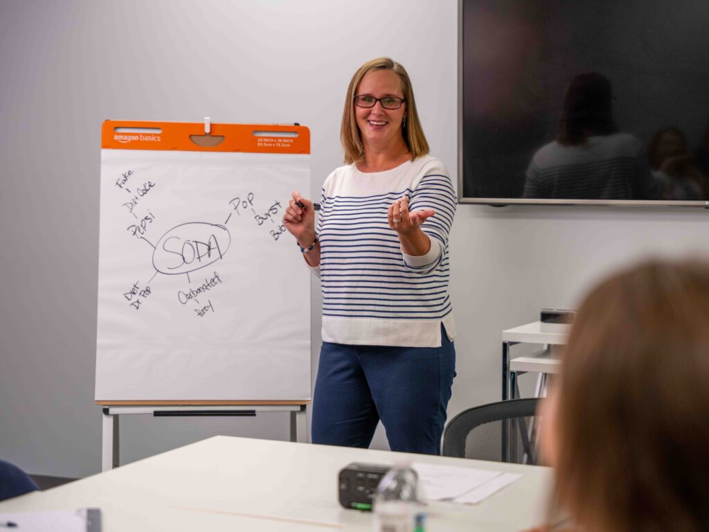 Woman leading a classroom session and explaining a concept on a flip chart labeled ‘SODA’ during a workshop or training presentation.